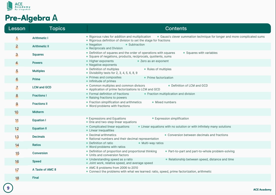 ACE Academy curriculum table for structured mathematics lessons