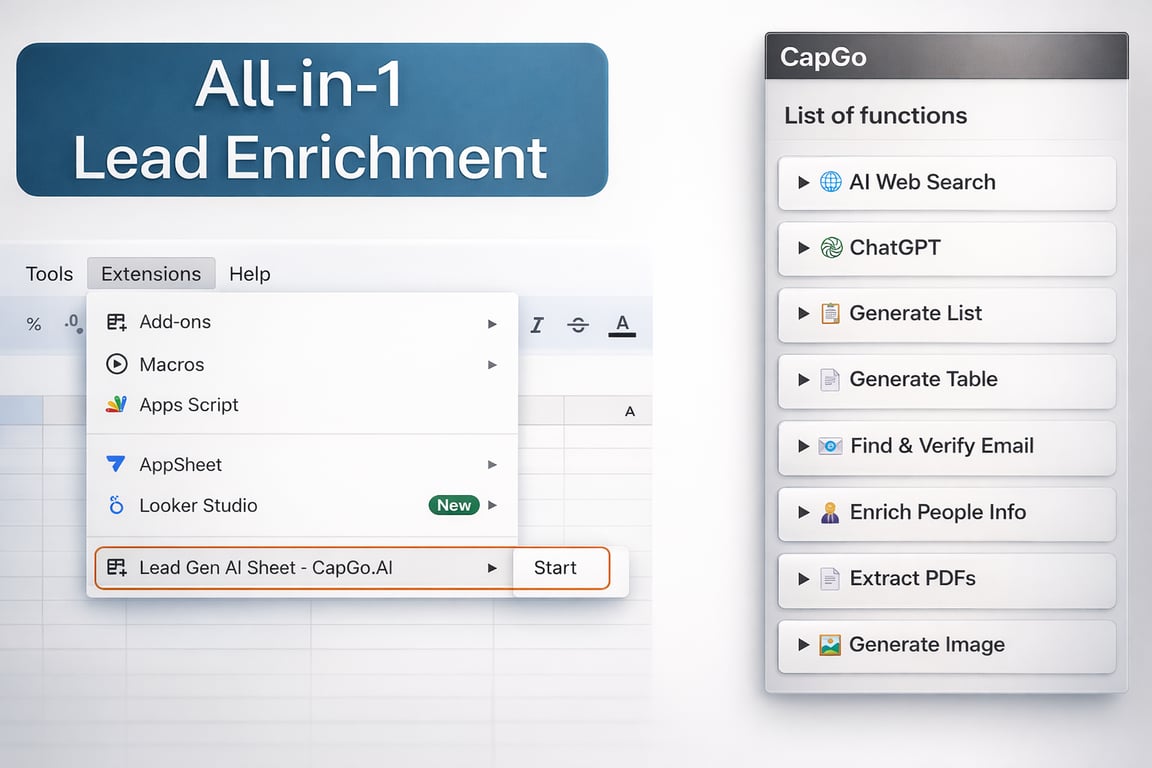 Interfaz de Lead Enrichment AI Sheet mostrando funciones de IA en acción
