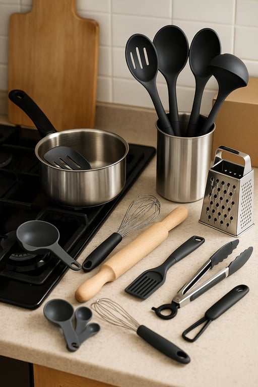 Close-up of a modern kitchen with various stainless steel and silicone kitchen utensils, including spatulas, whisks, and ladles, neatly arranged in a holder, highlighting quality and design for OEM manufacturing.