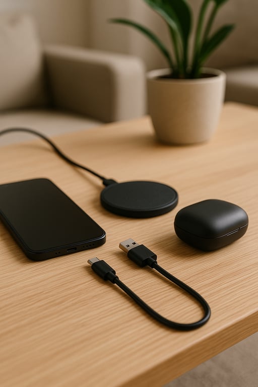 OEM mobile accessories factory partner showcasing various mobile phone accessories like chargers, cables, power banks, and cases on a modern desk setup, emphasizing product development and design.
