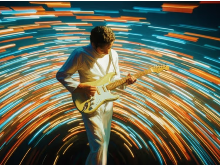 Musician with dynamic light trails representing creative energy