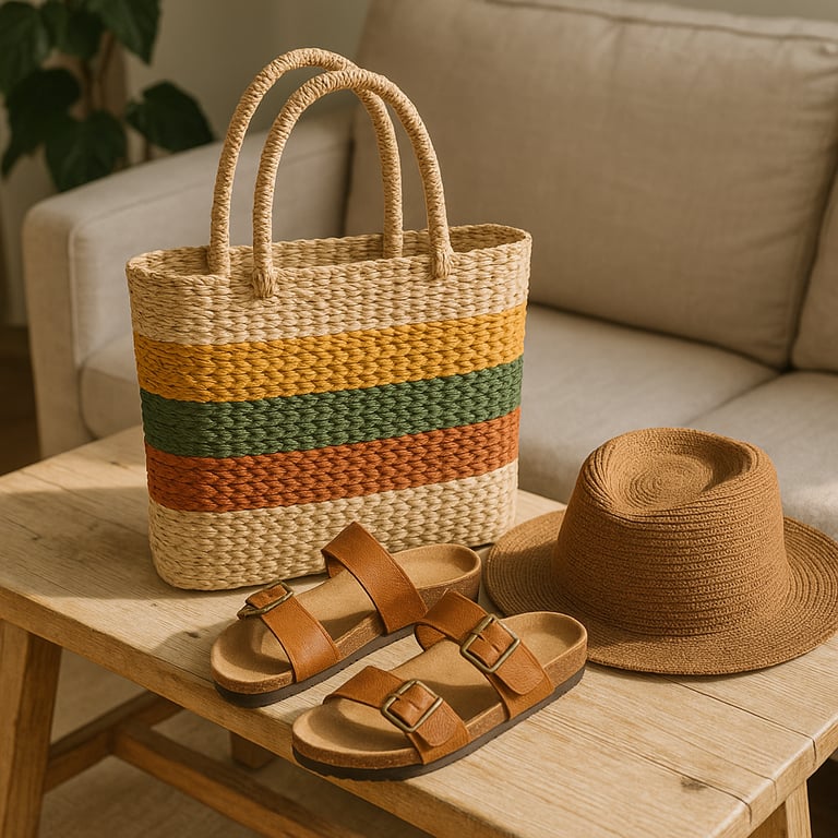 Sustainable fashion accessories including organic cotton tote bags, recycled plastic jewelry, and bamboo scarves displayed on a natural wood table with green foliage, emphasizing eco-friendly materials and design.