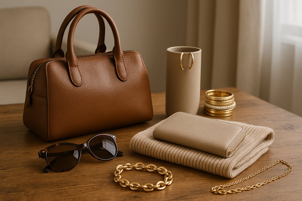 Close-up of high-quality fashion accessories including designer handbags, elegant jewelry sets, and silk scarves produced by a leading manufacturer.