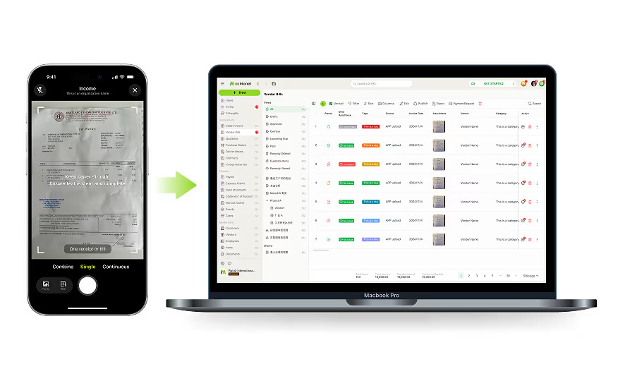 Phone receipt scan flowing into a finance dashboard