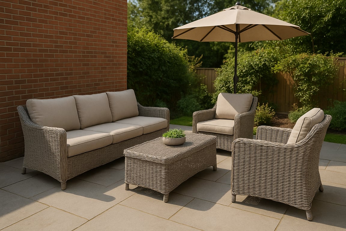 Close-up of various outdoor furniture materials including wicker, metal, and wood, with different cushion fabrics, highlighting quality and design options.