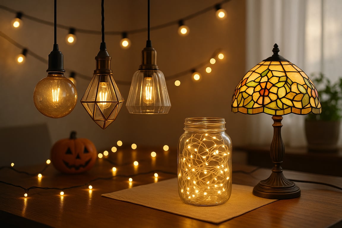 Wholesale decorative lighting products including warm white LED strings, colorful holiday bulbs, and solar-powered outdoor path lights in a retail-ready display.