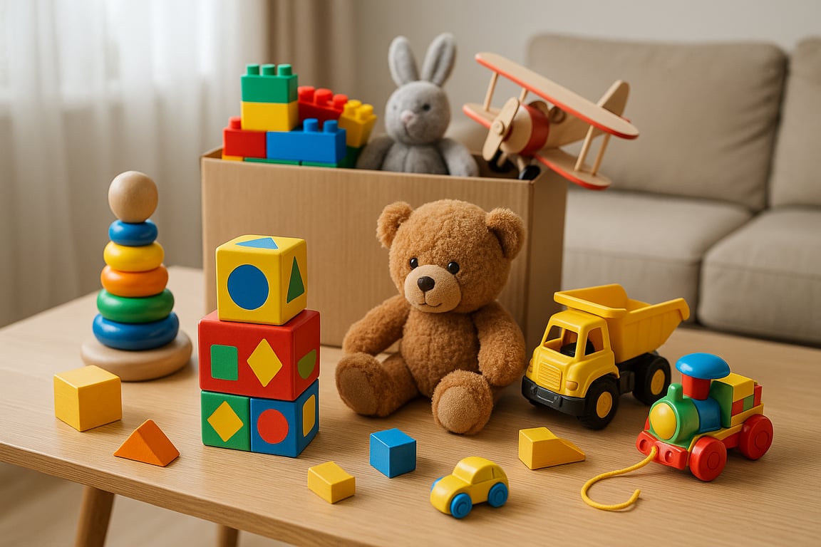 Wholesale toy supplier displaying a variety of children's toys including colorful building blocks, soft plush toys, wooden puzzles, and interactive learning games, arranged on a clean, bright surface.