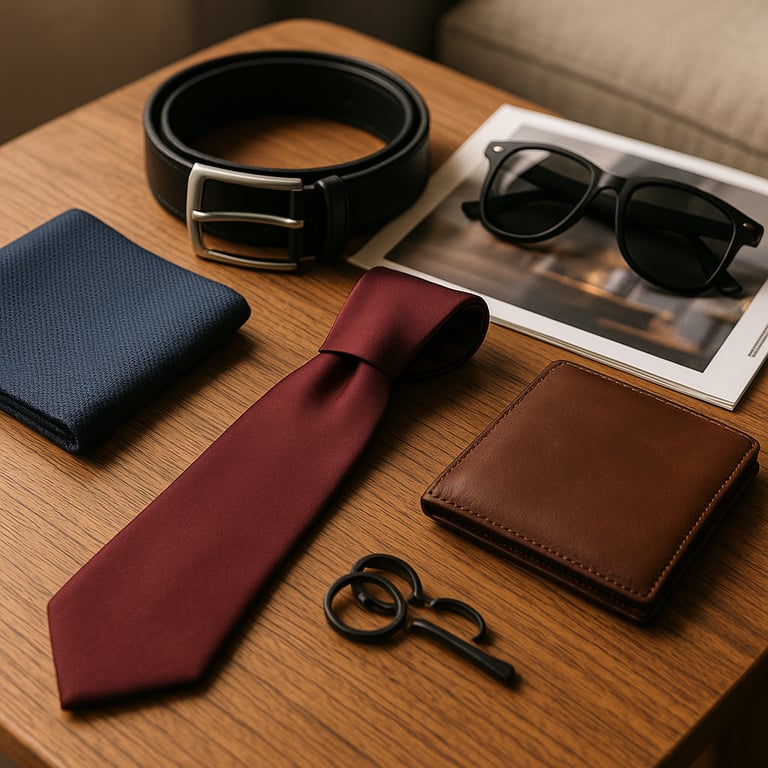 Close-up of high-quality custom clothing accessories such as leather tags, metallic buckles, and silk ribbons being inspected for quality in a modern textile laboratory.