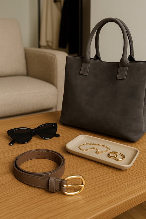 A professional fashion design studio showcasing custom private label accessories, fabric swatches, jewelry prototypes, and digital sketches for global retail brands.