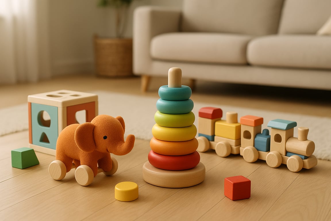 A close-up of a child's hands playing with colorful, non-toxic wooden building blocks, demonstrating safe and engaging play, with other educational toys blurred in the background.