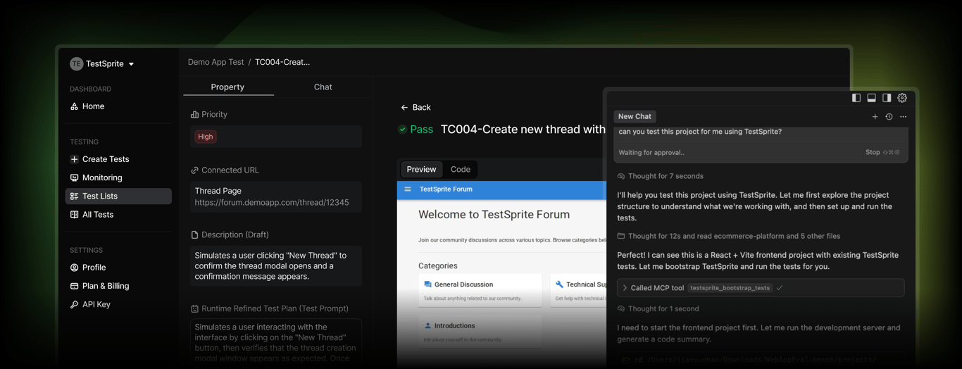 TestSprite Debugging Tools Dashboard Interface