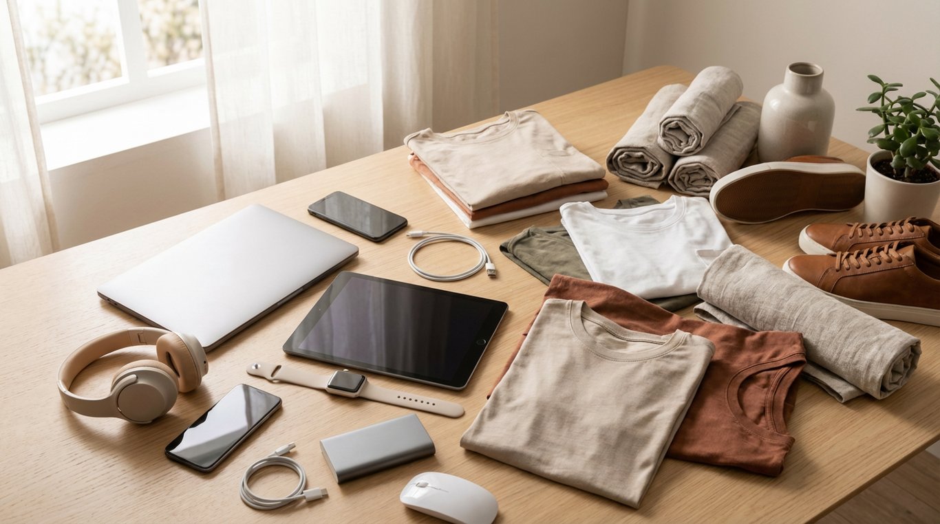 Personal electronics and household items on a table