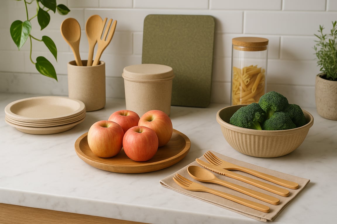 Assortment of eco-friendly kitchenware products including bamboo spatulas, wooden spoons, silicone baking mats, glass storage jars, and stainless steel reusable straws, arranged neatly on a light background.