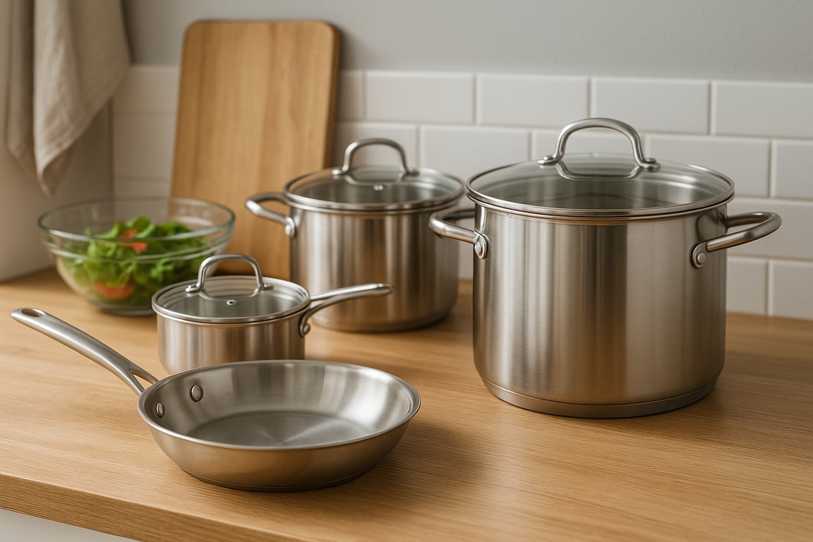 A modern stainless steel kitchenware factory floor with advanced machinery, skilled workers, and polished stainless steel cookware in various stages of production, highlighting precision manufacturing.