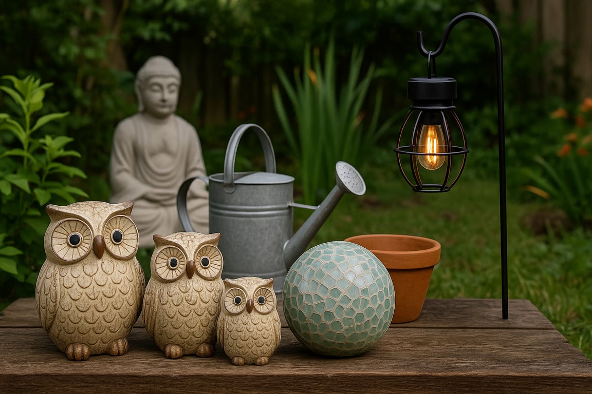 Garden decor bulk supplier showcasing a variety of ceramic planters, solar garden lights, decorative statues, and outdoor ornaments in a professional showroom setting.
