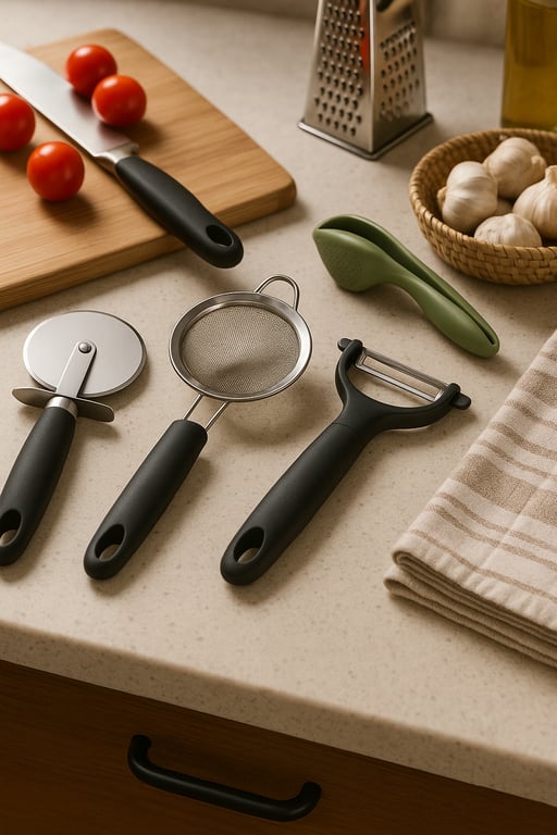A wide variety of wholesale kitchen tools including silicone spatulas, stainless steel whisks, and ergonomic peelers displayed in a professional kitchen setting.