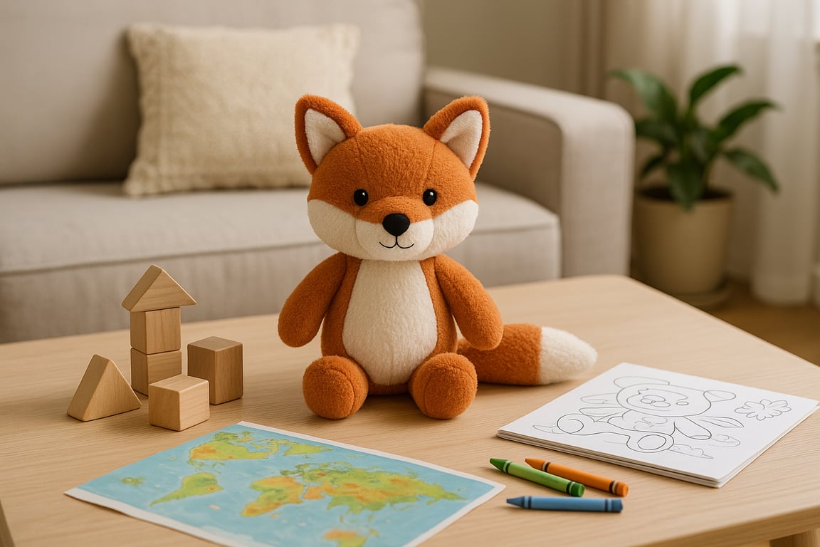 Custom toy manufacturing process showing 3D printed prototypes, plush toy samples, and plastic action figure components on a design studio table.