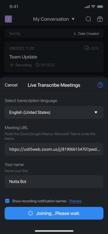 Notta mobile screen for setting up live transcription of a meeting