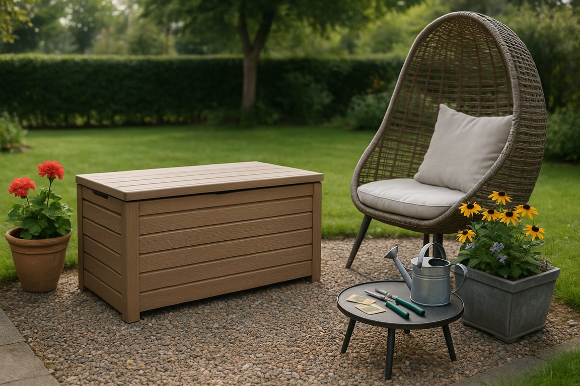Professional outdoor garden products supplier showcasing a variety of garden tools, planters, outdoor furniture, and landscaping accessories in a modern garden setting.