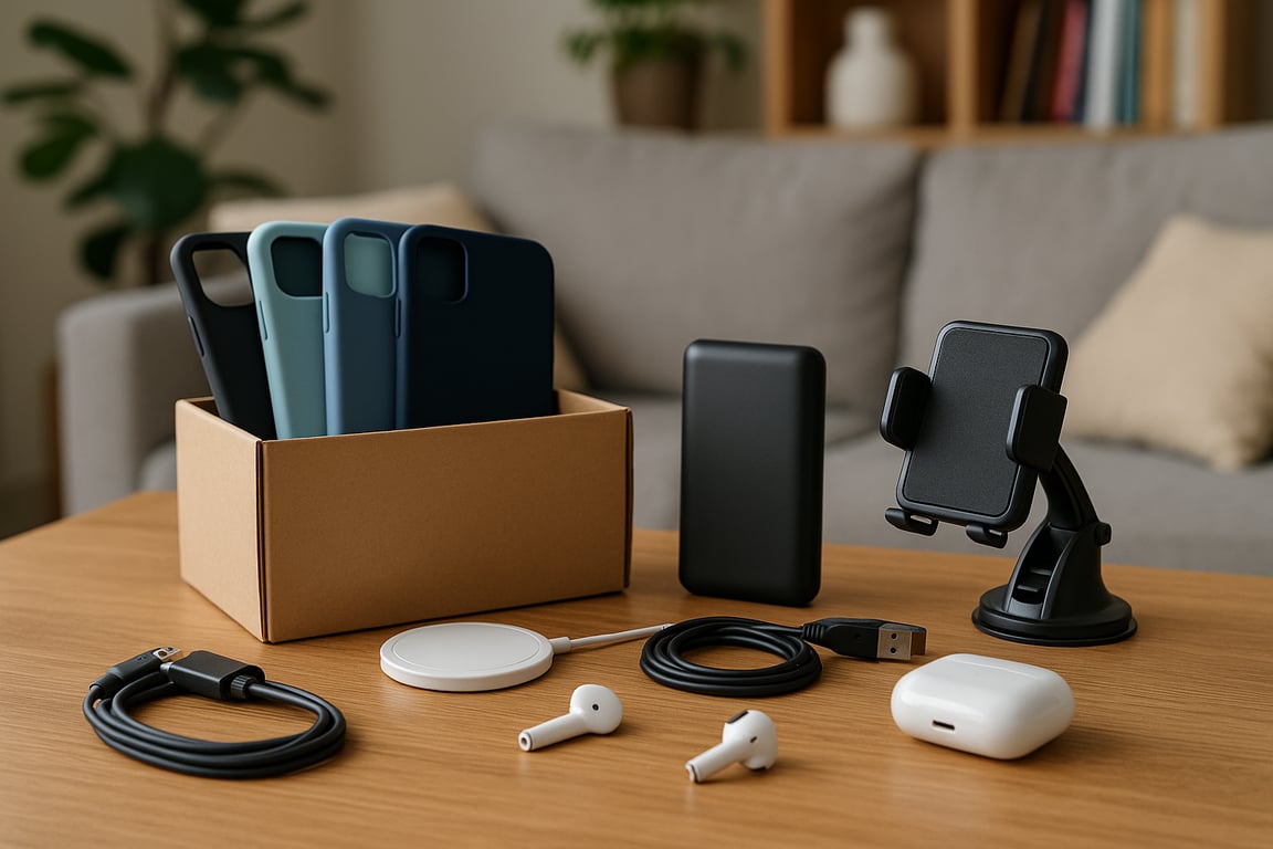 Mobile accessories wholesale display featuring various smartphone cases, USB-C cables, wireless chargers, and Bluetooth earbuds on a clean retail shelf.