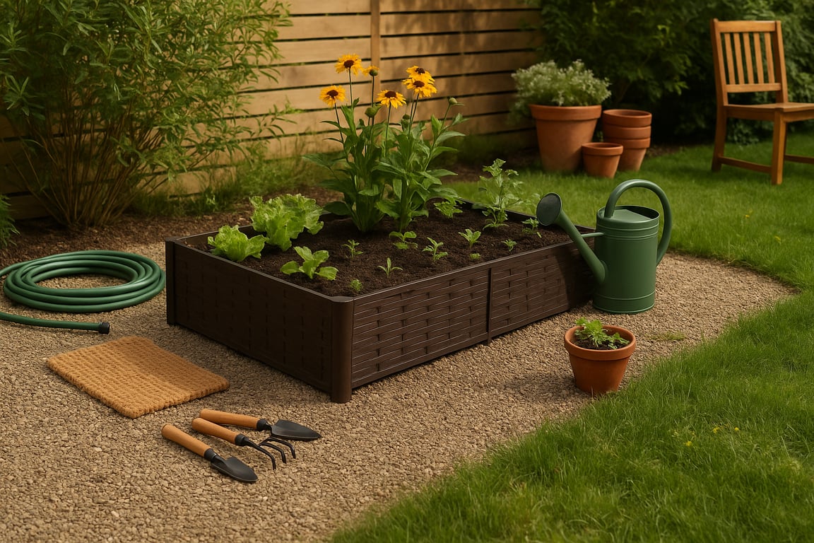 Eco-friendly garden products supplier displaying a variety of sustainable gardening tools, recycled plastic planters, organic seed packets, and natural pest control solutions on a wooden table.