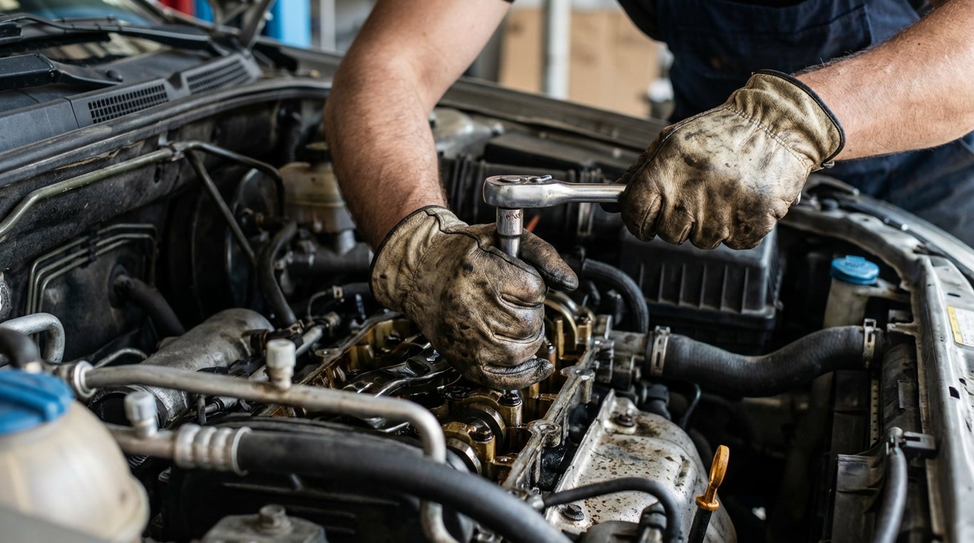 Mechanic repairing car engine