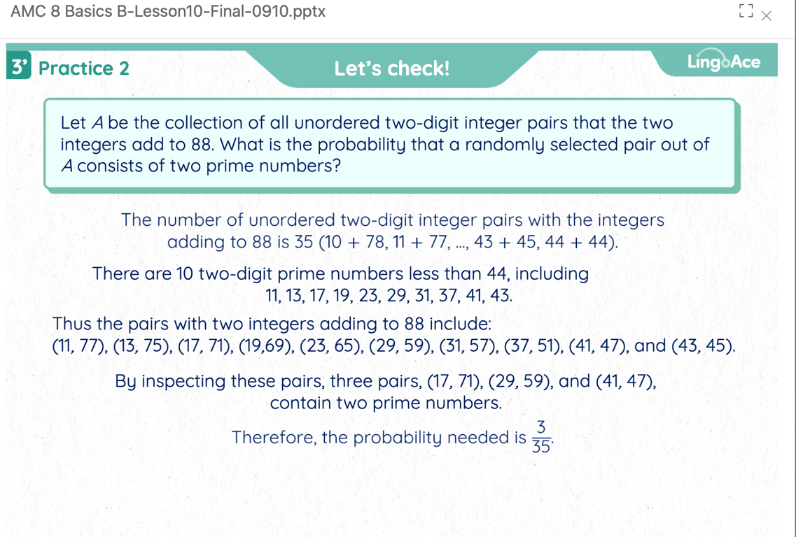 ACE Academy competition example showing unordered prime pairs and probability