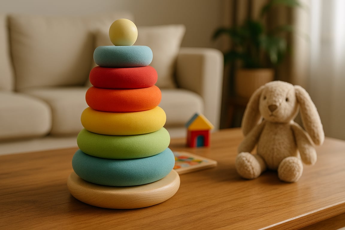 A diverse group of happy children playing with various safe and colorful toys, including building blocks, plush animals, and educational games, in a bright, child-friendly environment, emphasizing safety and fun.