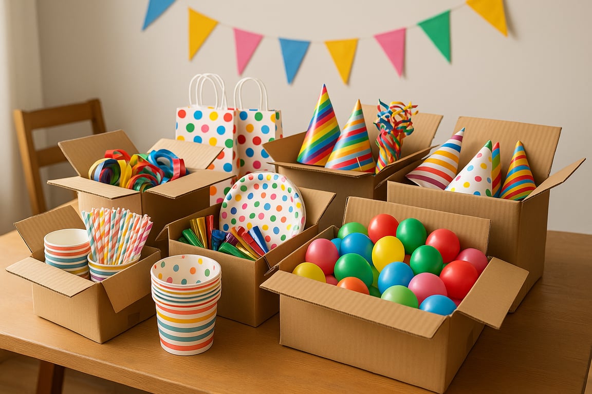 A wide variety of bulk party supplies for retailers including colorful balloons, festive banners, disposable tableware, and themed decorations arranged for wholesale distribution.
