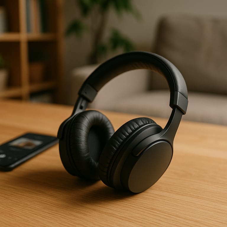 Wholesale audio devices supplier showcasing a range of headphones, earbuds, Bluetooth speakers, and microphones arranged on a modern display, emphasizing sleek design and technology.