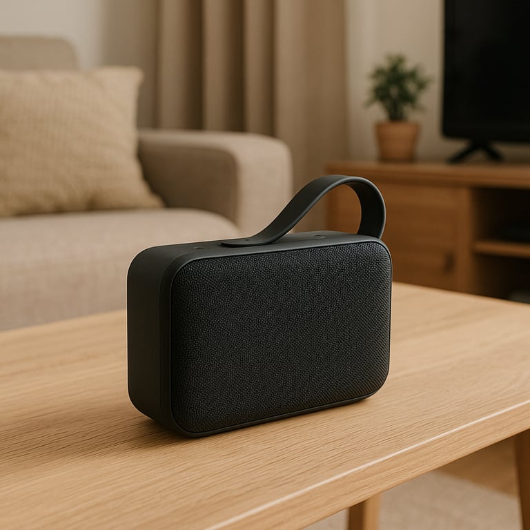 A diverse collection of Bluetooth speakers, including compact portable models, rugged outdoor speakers, and stylish home audio devices, arranged on a display shelf.