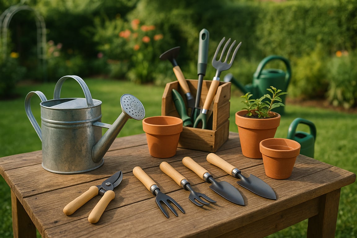 Wholesale garden tools supplier showcasing various gardening equipment like shovels, rakes, trowels, pruning shears, gloves, and watering cans arranged neatly in a garden shed or outdoor setting.