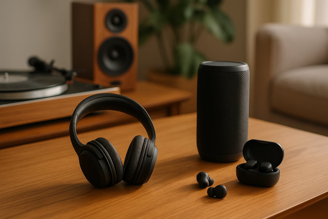 Professional audio devices manufacturer facility showing high-end headphones, wireless earbuds, Bluetooth speakers, and acoustic testing equipment in a modern production environment.
