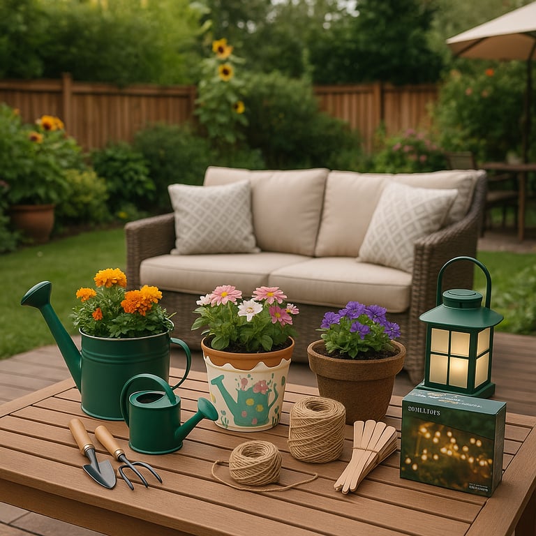 OEM garden products factory showcasing various gardening tools like trowels, cultivators, pruning shears, gloves, and small planters arranged neatly on a wooden workbench in a bright workshop.