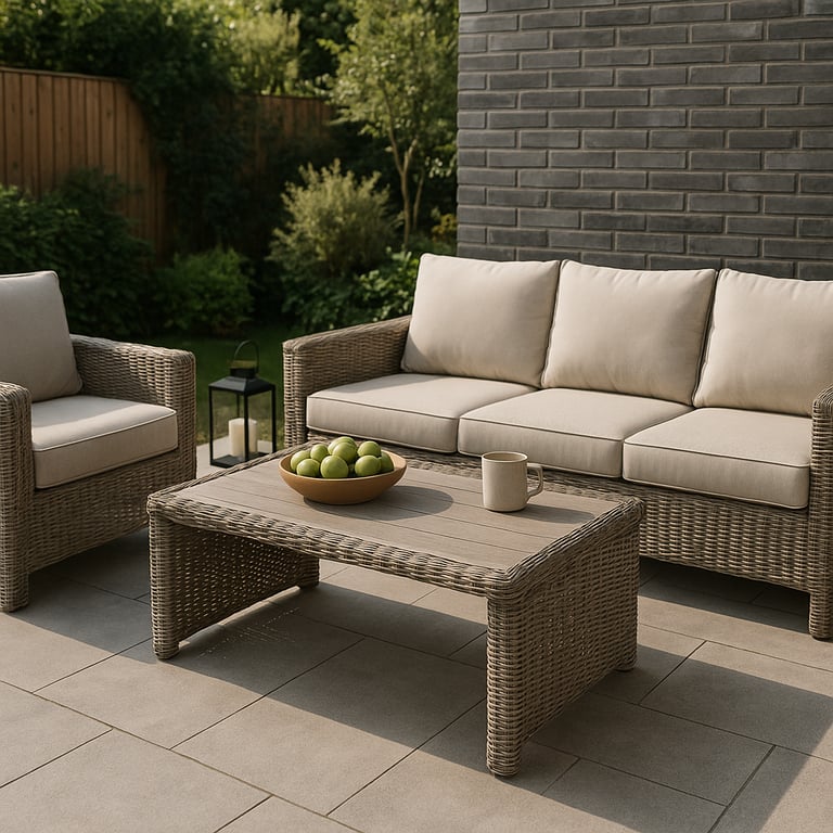 Professional outdoor furniture manufacturer showcasing premium patio sets, wicker chairs, and garden tables in a modern outdoor living space.