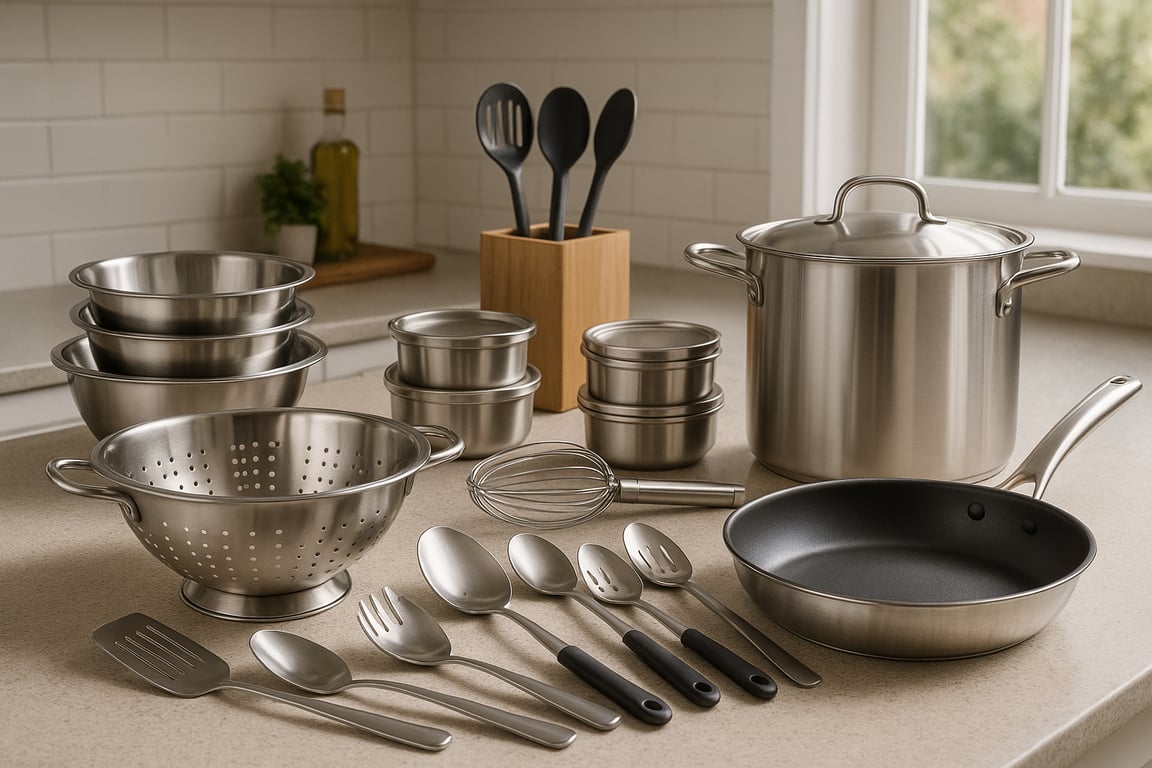 High-quality wholesale kitchen supplies featuring non-stick pans, silicone baking mats, and ergonomic kitchen gadgets displayed in a professional showroom.