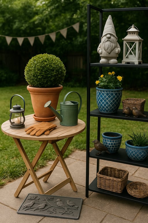 Wholesale outdoor garden accessories supplier showcasing various planters, gardening tools, decorative statues, outdoor lighting, and patio furniture in a vibrant garden setting.