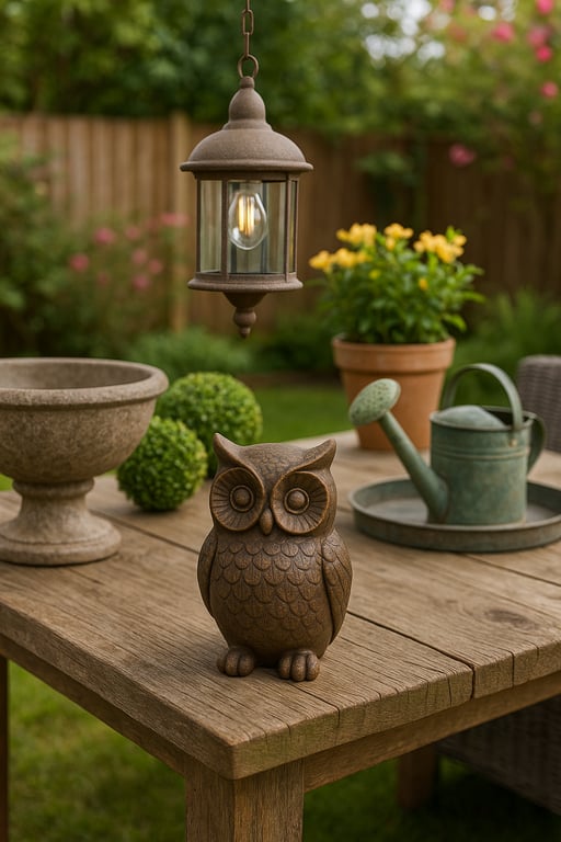 Wholesale garden decor supplier showcasing a variety of outdoor planters, decorative statues, garden gnomes, wind chimes, and solar lights arranged in a vibrant, well-maintained garden setting.