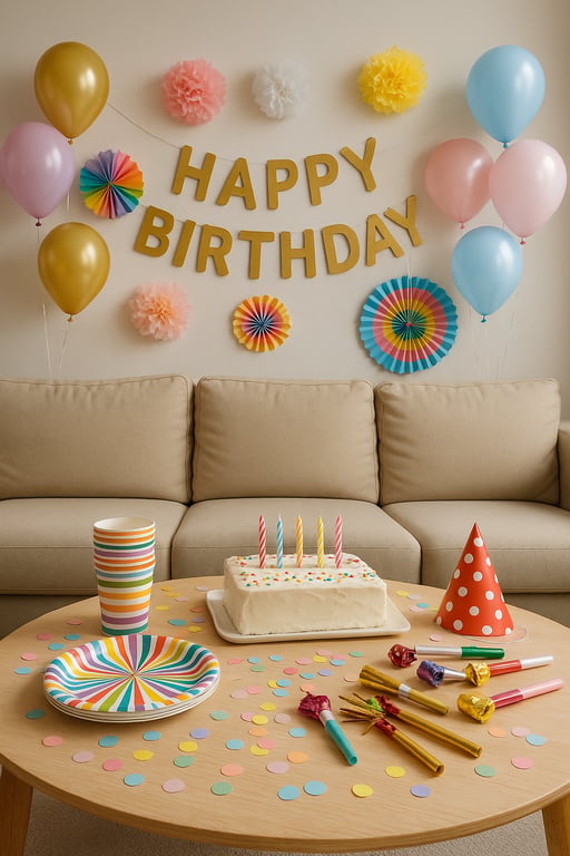 Wholesale party decor supplier displaying various themed party supplies like banners, disposable plates, cups, napkins, and decorative items for events.