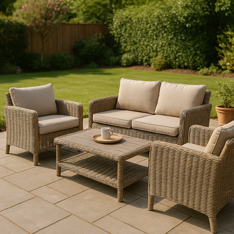 Professional outdoor furniture sourcing display featuring wicker patio sets, aluminum garden chairs, and outdoor dining tables in a modern showroom.