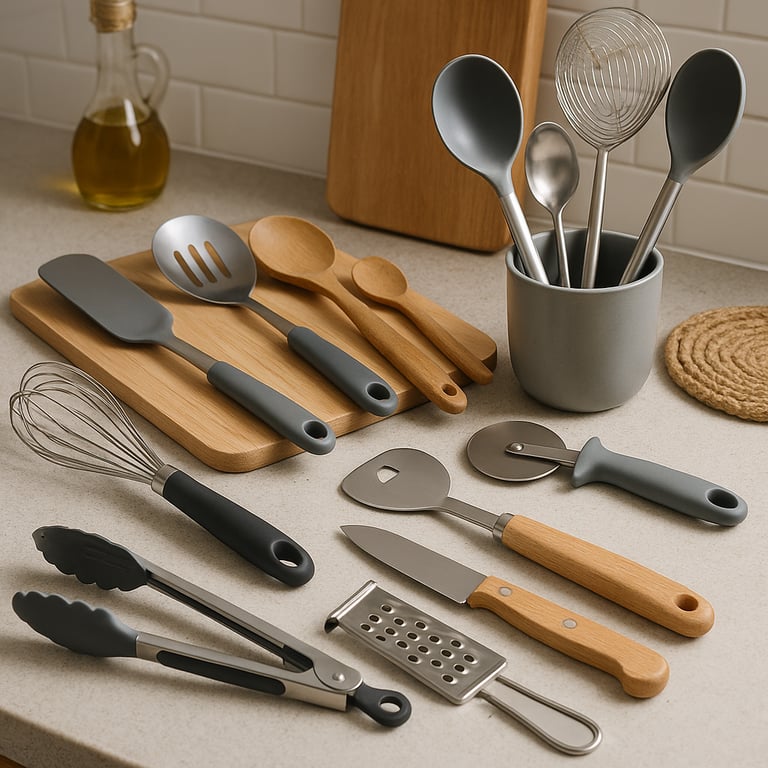 Premium wholesale kitchen tools such as garlic presses, graters, and measuring sets organized for bulk distribution.