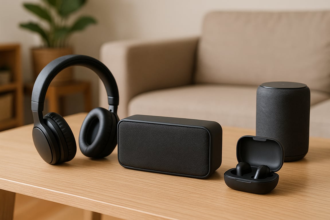 A variety of audio devices wholesale including over-ear headphones, compact Bluetooth speakers, and professional microphones arranged for a product catalog shoot.