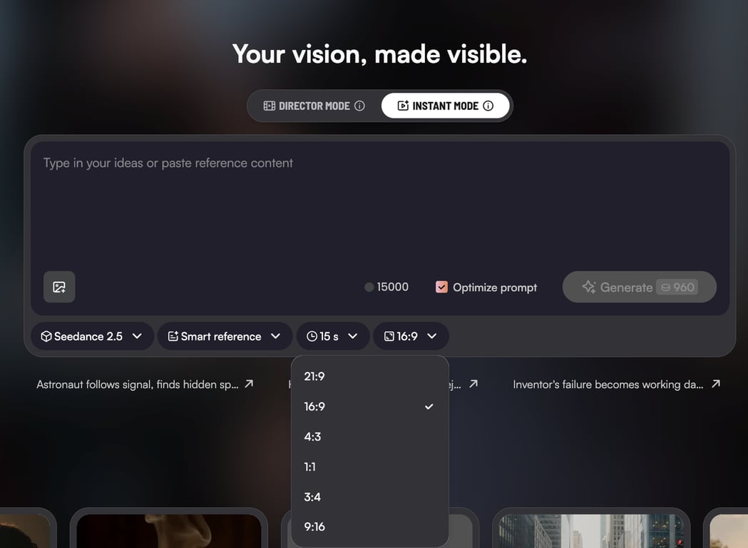 Instant Mode interface with aspect ratio and generation controls