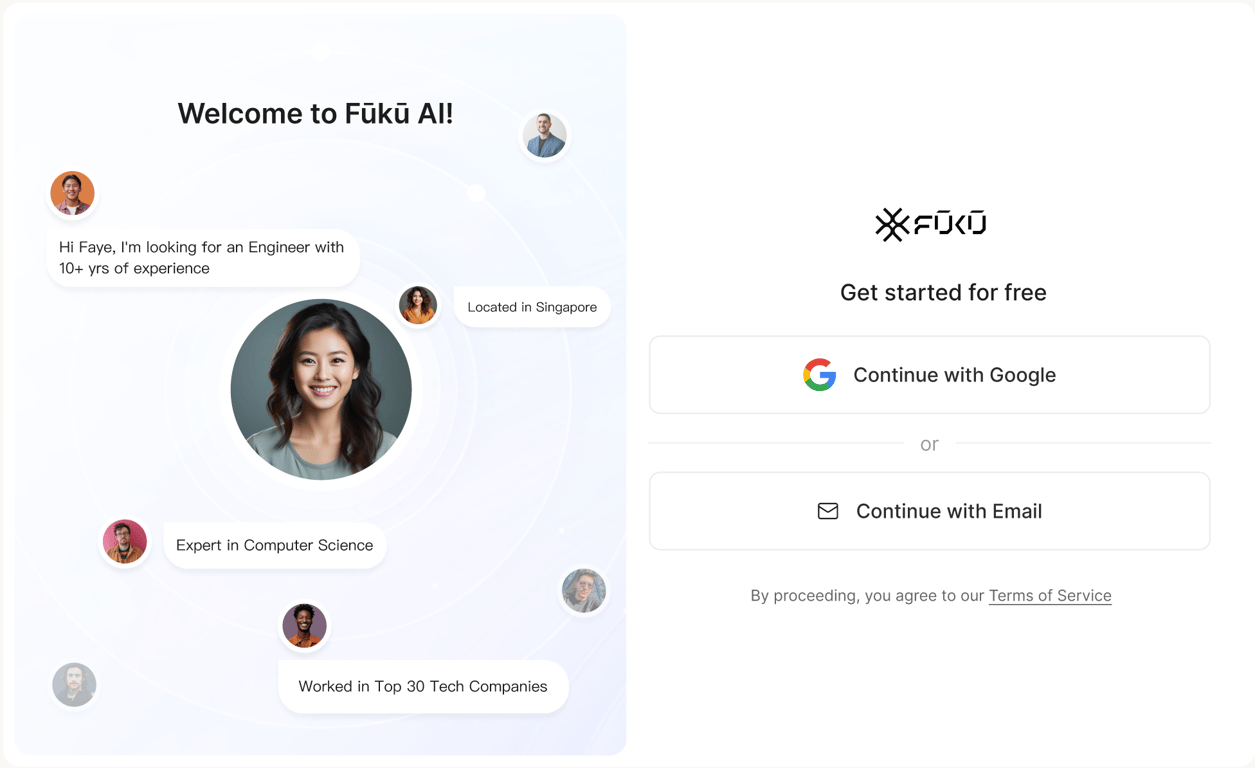 候補者の検索、求人投稿、自動アプローチを表示するFuku AIホームページ
