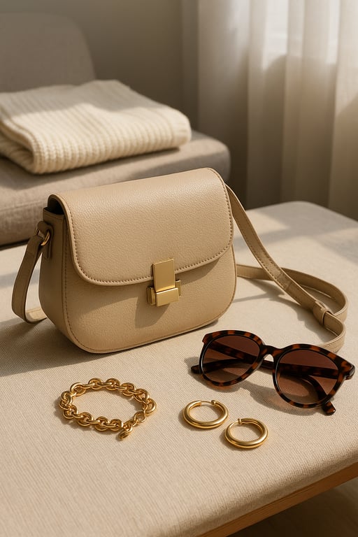 Professional fashion accessories sourcing display featuring luxury handbags, designer jewelry, silk scarves, and trendy sunglasses on a minimalist showroom table.