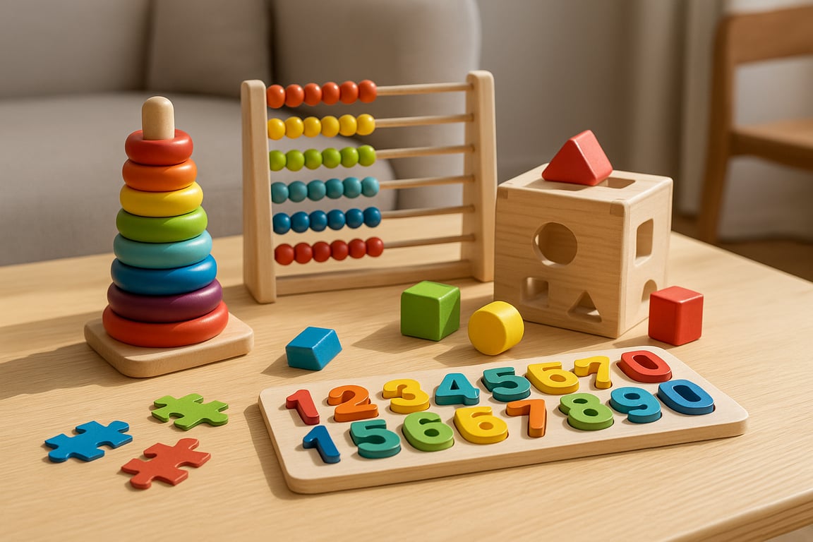 Wholesale educational toy supplier displaying a variety of colorful learning games, including a wooden abacus, shape sorters, alphabet blocks, and interactive electronic learning devices, in a well-lit playroom setting.