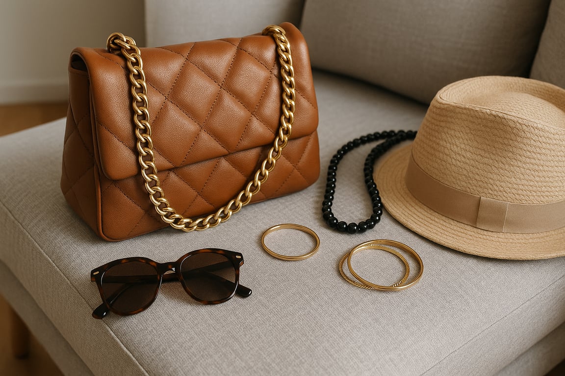 A variety of fashion accessories including leather belts, winter hats, and silk scarves organized for quality inspection in a sourcing office.