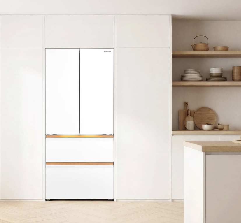 Toshiba JAPANDi 533L built-in refrigerator in a refined, Japanese-inspired kitchen interior