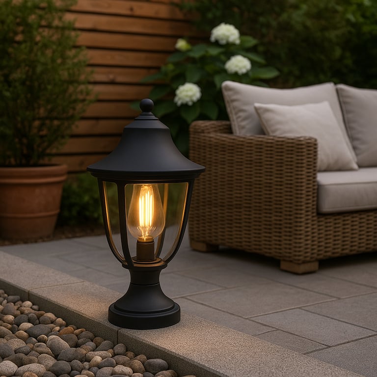 Wholesale outdoor lighting supplier showcasing a modern garden with various LED landscape lights, pathway lights, and decorative string lights illuminating a patio and plants at dusk.