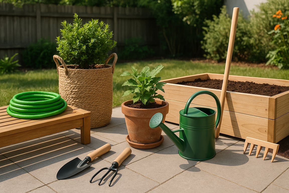 OEM garden products factory displaying a variety of outdoor furniture, including a modern patio set with chairs and a table, decorative planters, and garden lighting in a stylish outdoor setting.
